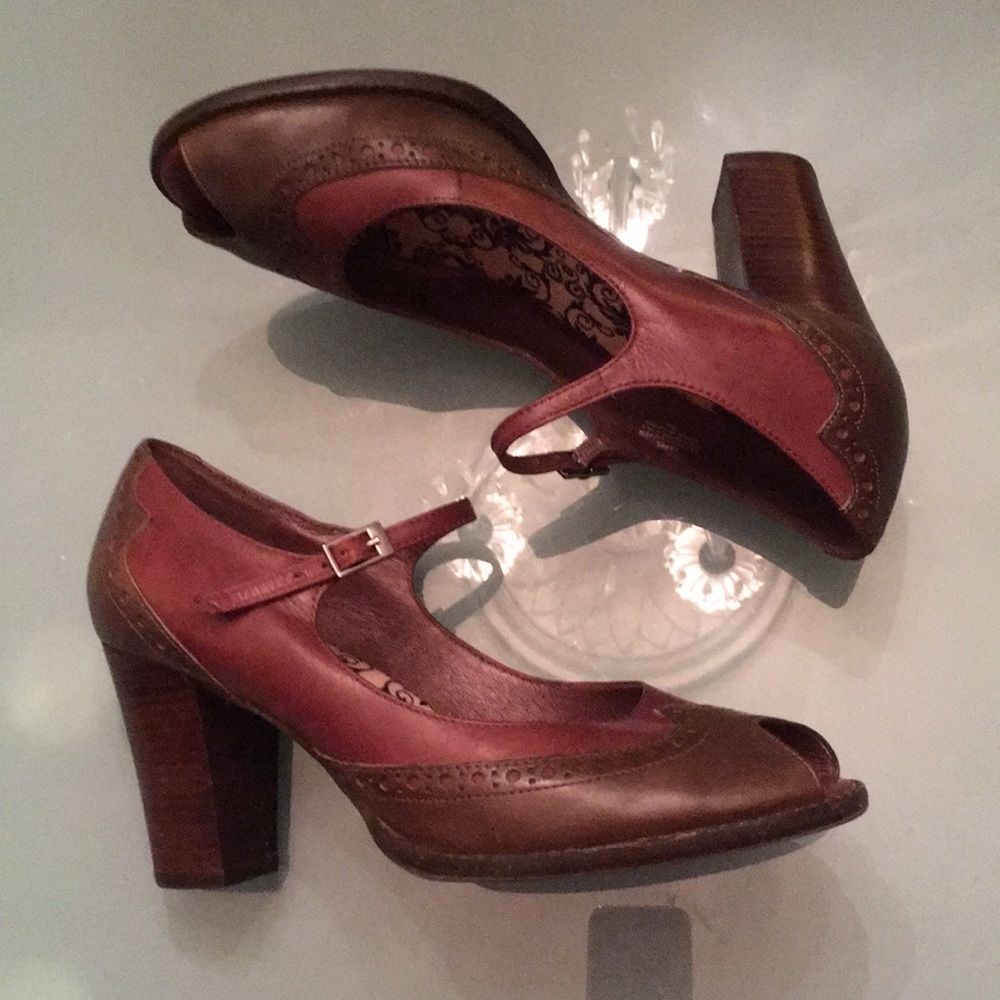 Sassy Aerosoles peep toe ankle strap brn/grn heels - Picture 3 of 5